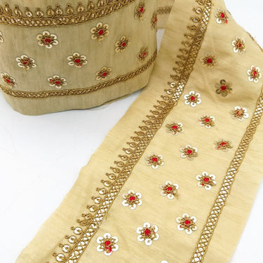 Beige Silk Trim In Red and Gold Sequins Floral Embroidery, Indian Sari Border Trim By Yard Decorative Trim Craft Lace